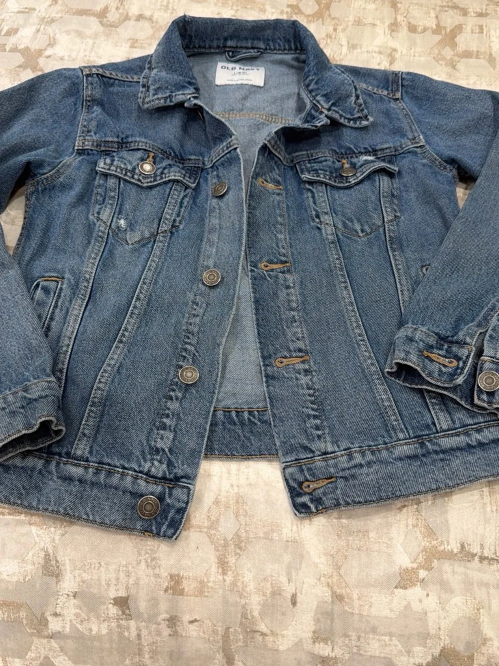 Old Navy Blue Denim Jacket with Pink Letter Patches and Yellow Accents